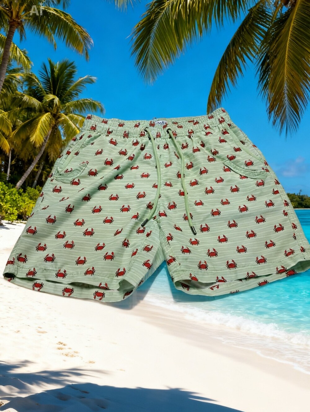 NWOT Men's Mr. Swim green white Crabs swimsuit trunks Size M Pockets Liner